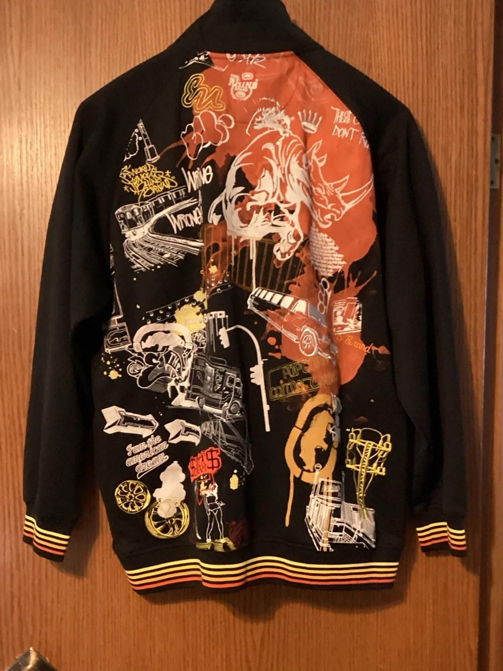 Black Graphic Zip-Up Sweater Jacket with Yellow & Red Accents